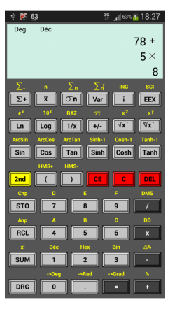 Copie d'écran de l'application "Calculatrice scientifique"